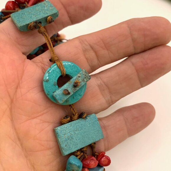 Handmade Southwestern Style Beaded 3 Strand Necklace Turquoise Coral Agate J839 - Picture 7 of 7